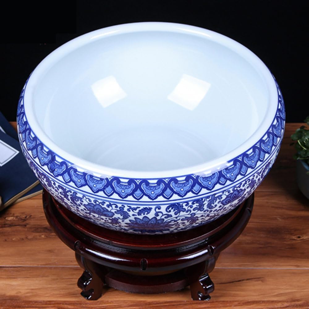 Jingdezhen niebiesko-biała porcelanowa doniczka z podstawą, dekoracyjna lilia wodna i wzór kwiatowy, okrągła doniczka, ceramiczna miska do sadzenia roślin domowych, hydroponiki, sukulentów