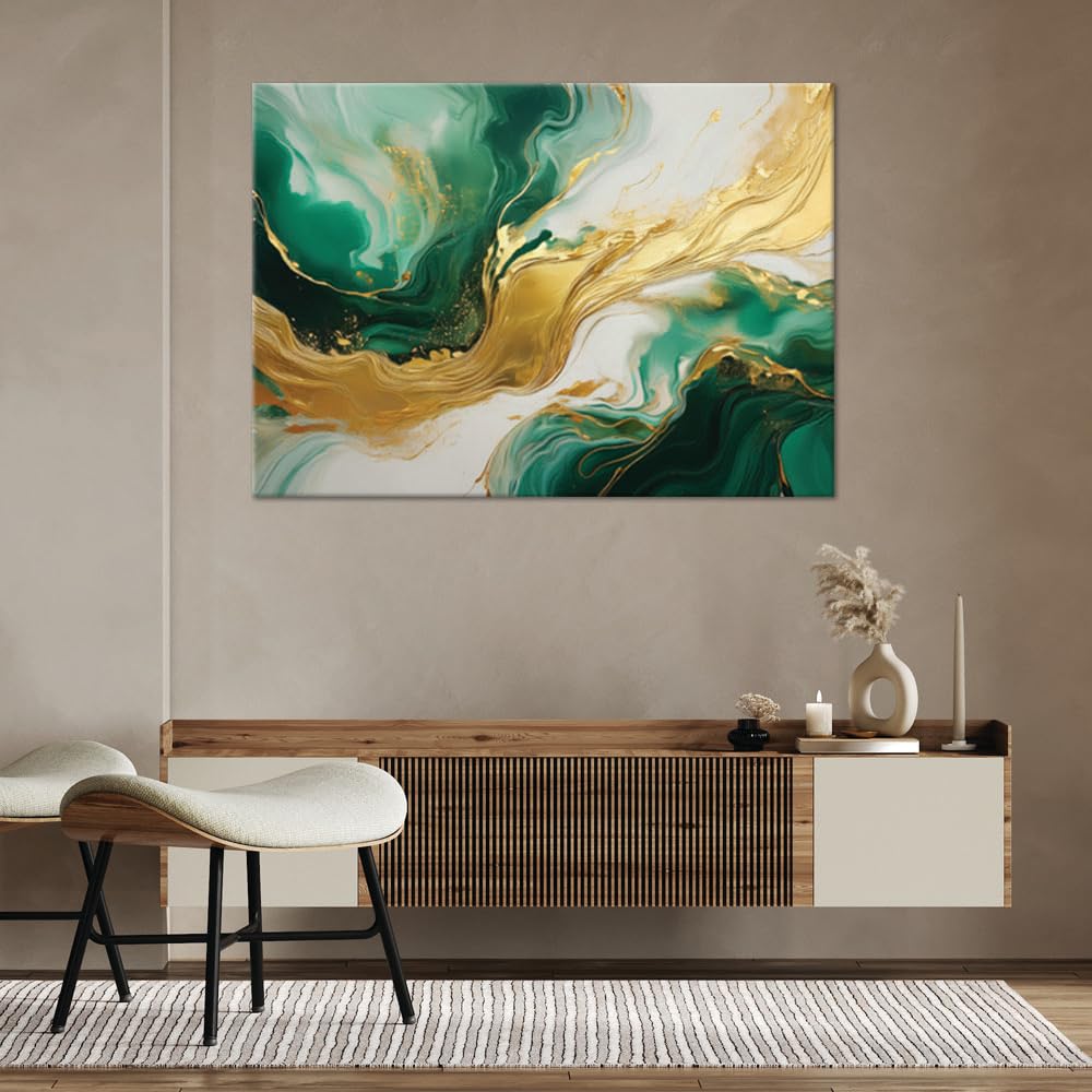Feeby - Tableaux Decoratifs - Tableau Salon Grand Format - Structure de marbre abstraite Vert Or - 90x60 1partie - Décoration Chambre - Toile Imprimée Intissé Decoration Murale
