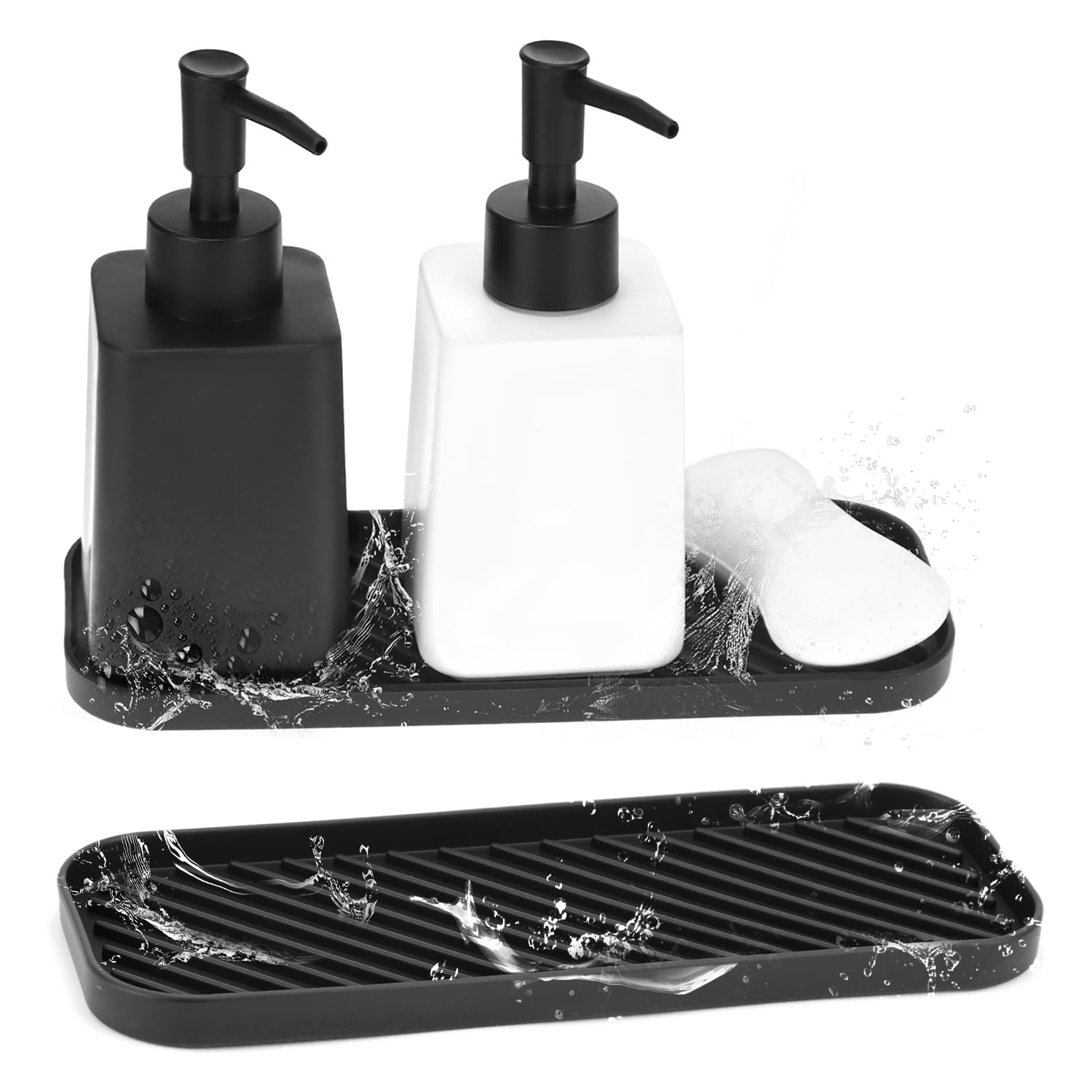QWORK® 2 Pack Silicone Organizer Tray 23.5 * 9cm, Soap and Sponge Holder for Kitchen Sink and Bathroom - Black 9.3"x3.6"