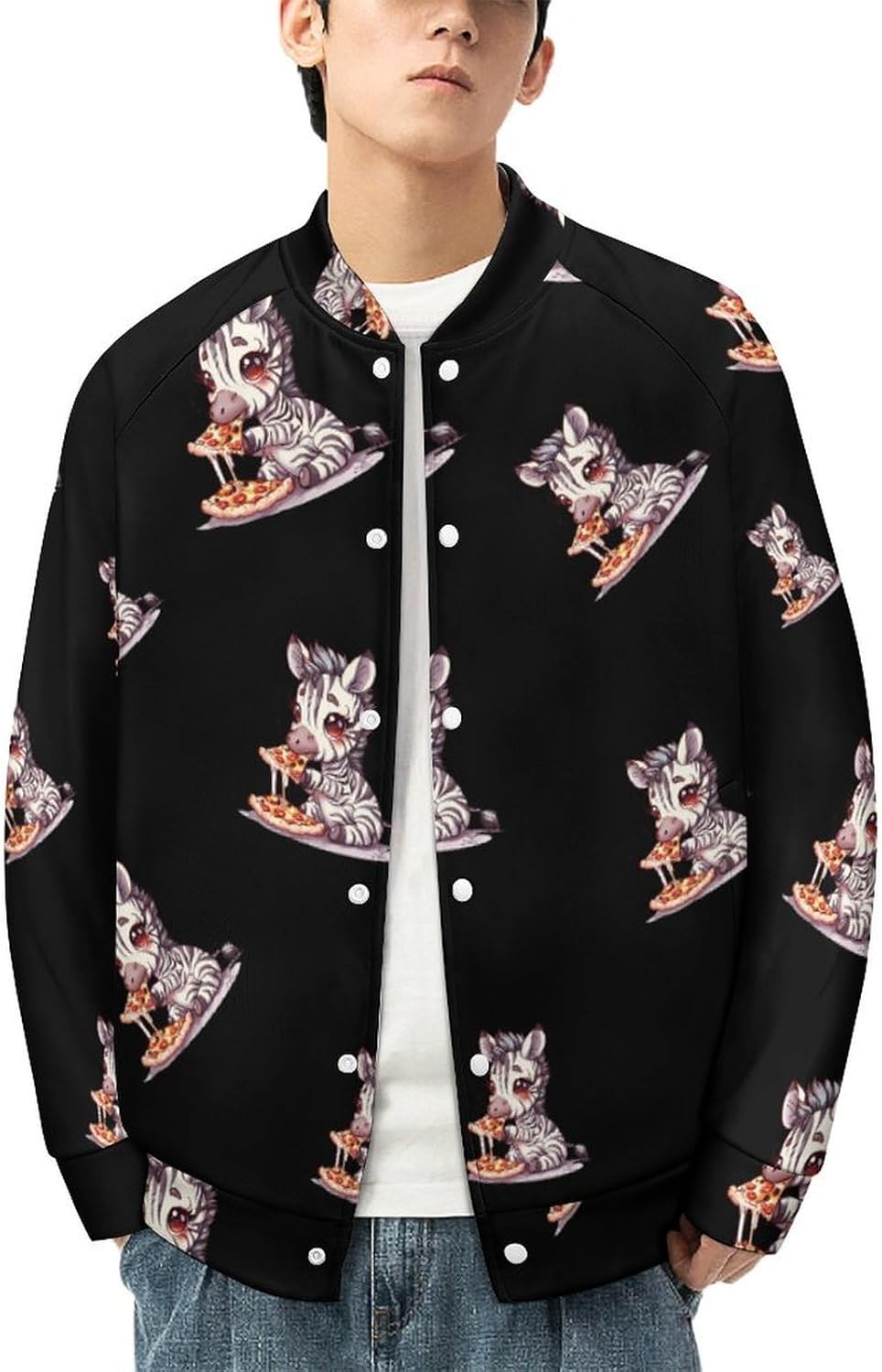 Zebra Love Pizza Novelty Men's Baseball Jackets Causal Sweatshirt Button Top Long Sleeve Coat