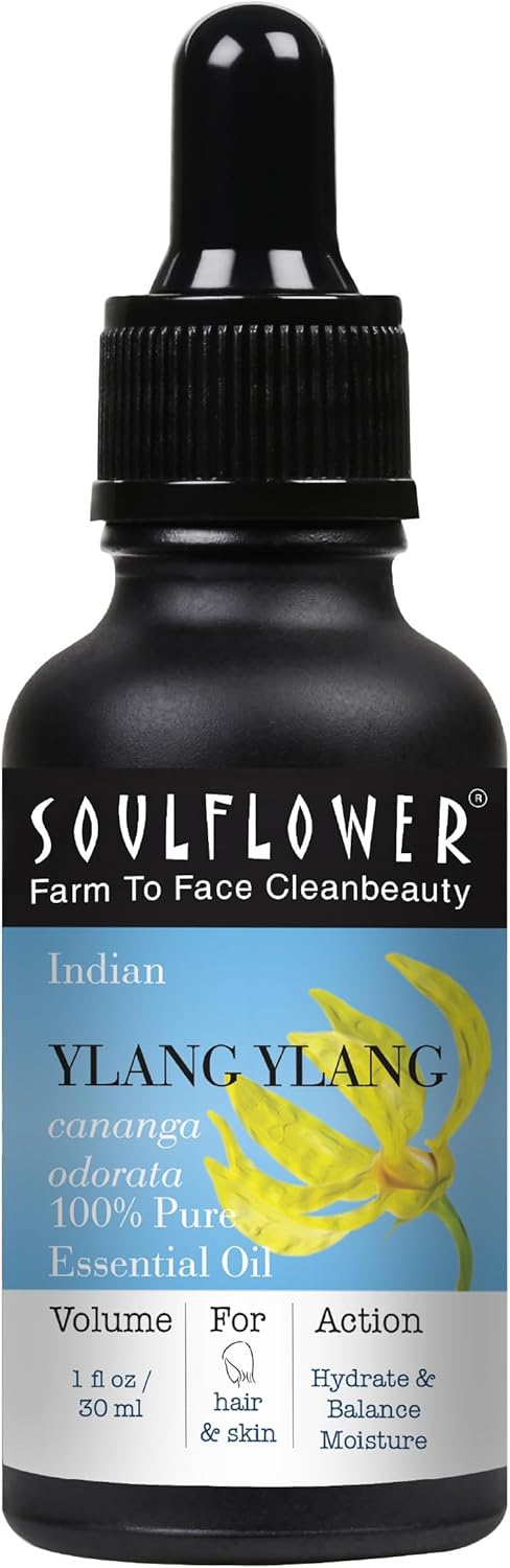 Soulflower Ylang Essential Oil – 100% Pure, Vegan And Natural Undiluted For Healthy Hair & Skin, Aromatherapy, Ecocert Cosmos Organic Certified, 1 Fl Oz, Bonus Glass Dropper