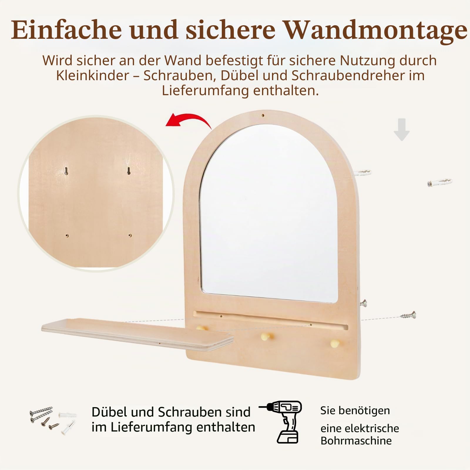 Montessori Spiegel aus Holz und Acryl für Kleinkinder, Wandmontage, Spiegel mit Haken & Regal, bruchsicher, Naturholz, einfache Montage, Möbel für Eingangsbereich, Kinderzimmer, Wohnzimmer, Flur