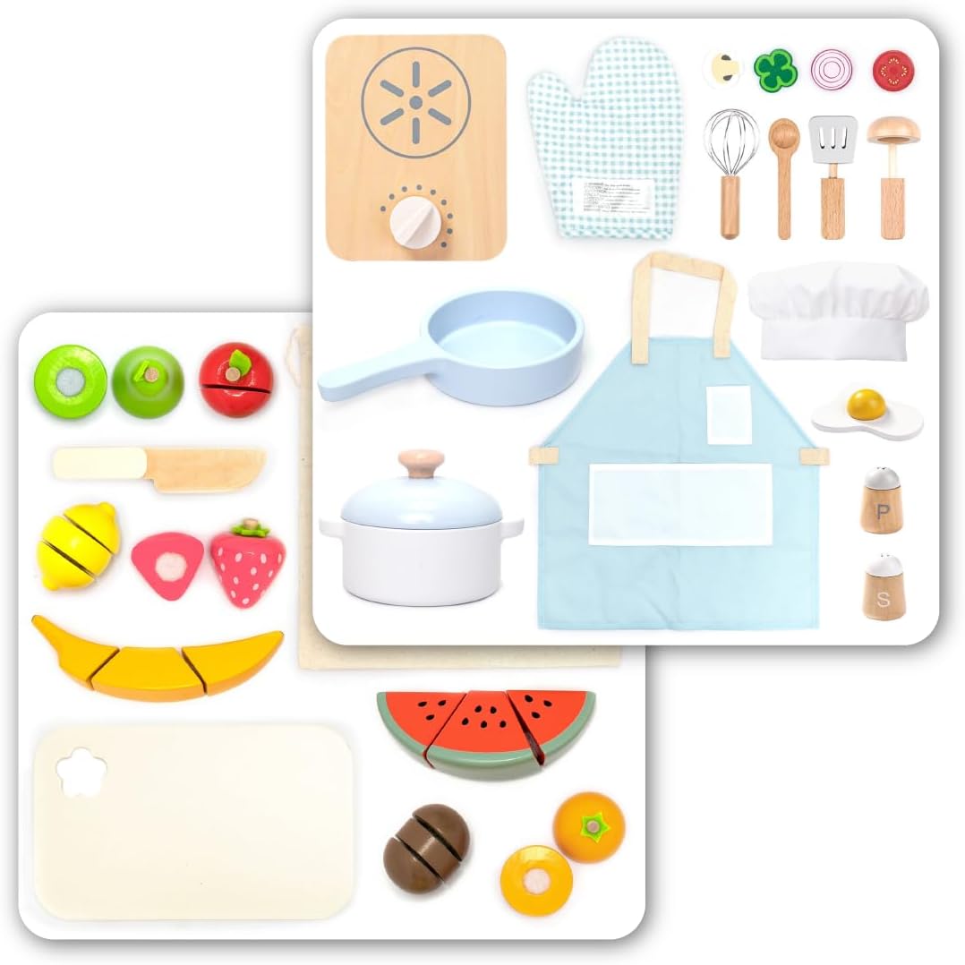 UMU® Wooden Kids Cooking Set – Pretend Play Kitchen Toy with Pots, Pans, Play Food, Utensils, Apron & Chef Hat for Kids Ages 3+ & Cutting Fruit Set for Toddlers and Kids Ages 2+ Bundle