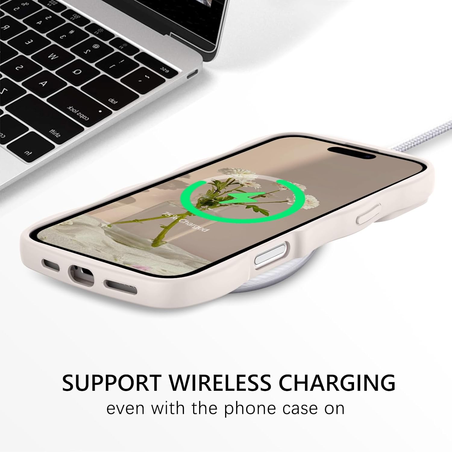 GUAGUA for iPhone 16 Pro Case with Wrist Strap, iPhone 16 Pro Wavy Phone Case, Cute Curly Wave Shape with Adjustable Wristband Kickstand Anti Slip iPhone Case for 16 Pro 6.3'', Antique White - Image 3