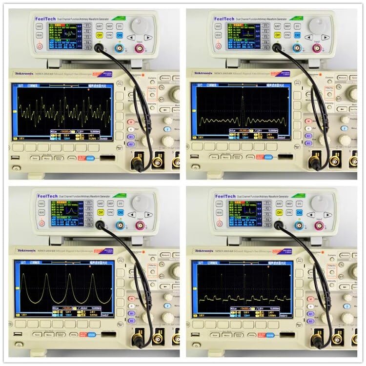 FeelTech FY6600 30M connected to an oscilloscope, displaying various generated waveforms like sine, square, and arbitrary signals.