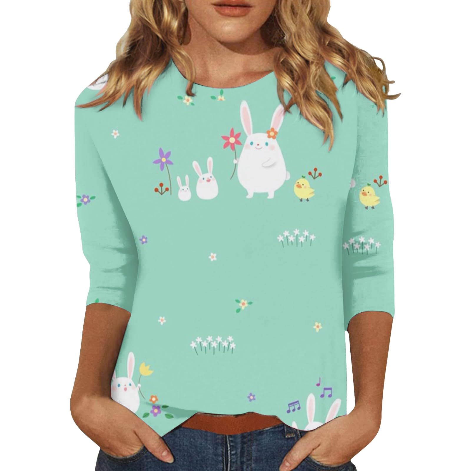 Easter Shirts for Women Funny Graphic Tees 3/4 Length Sleeve Tops Easter Tops for Women 2025 Pullovers Blouse Tops