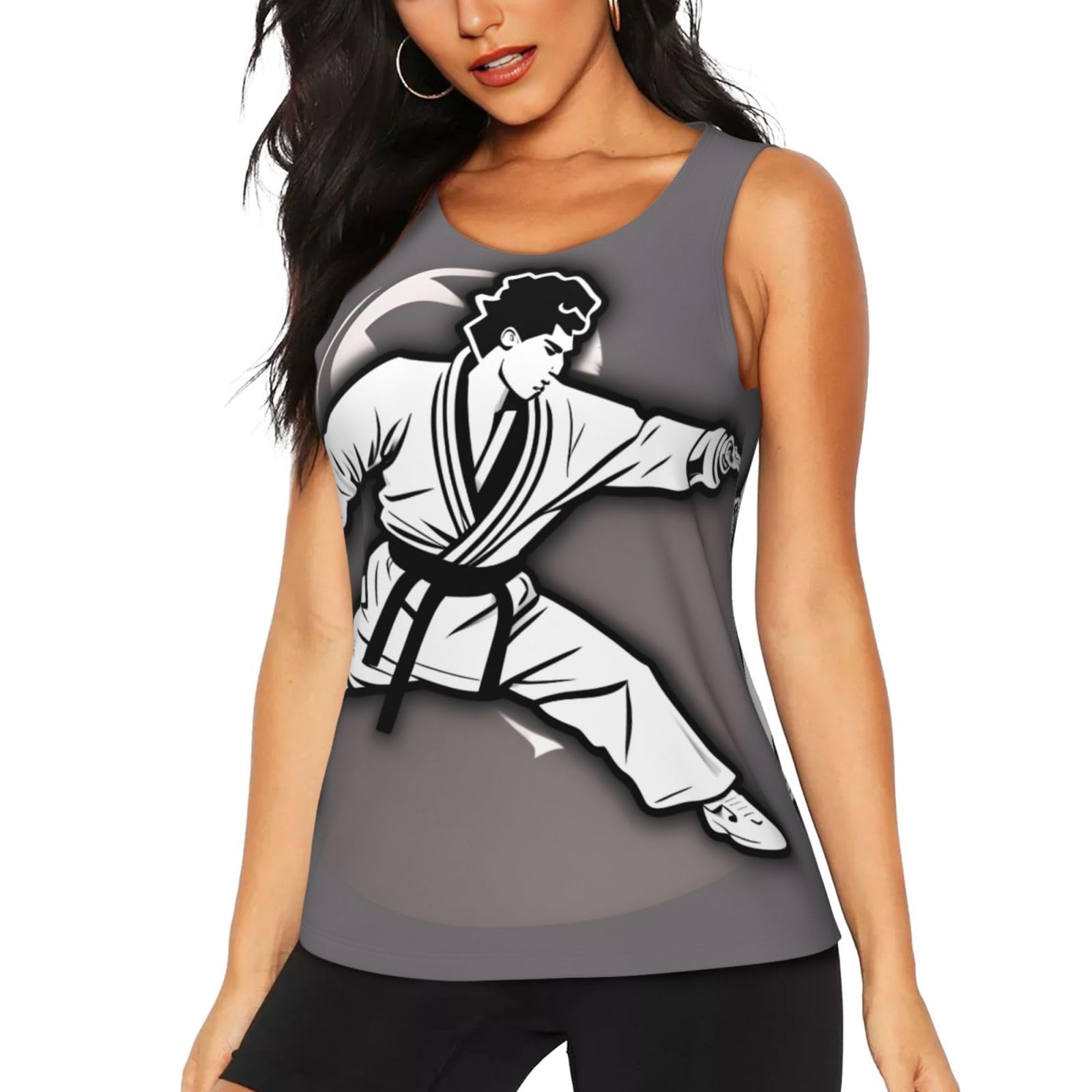 Duwaa Unisex Black Karate-Highkick-Icon Print Women's Workout Tank Tops, Athletic Yoga Top, Quick Dry Sleeveless Tank Tops Gym Shirts, S