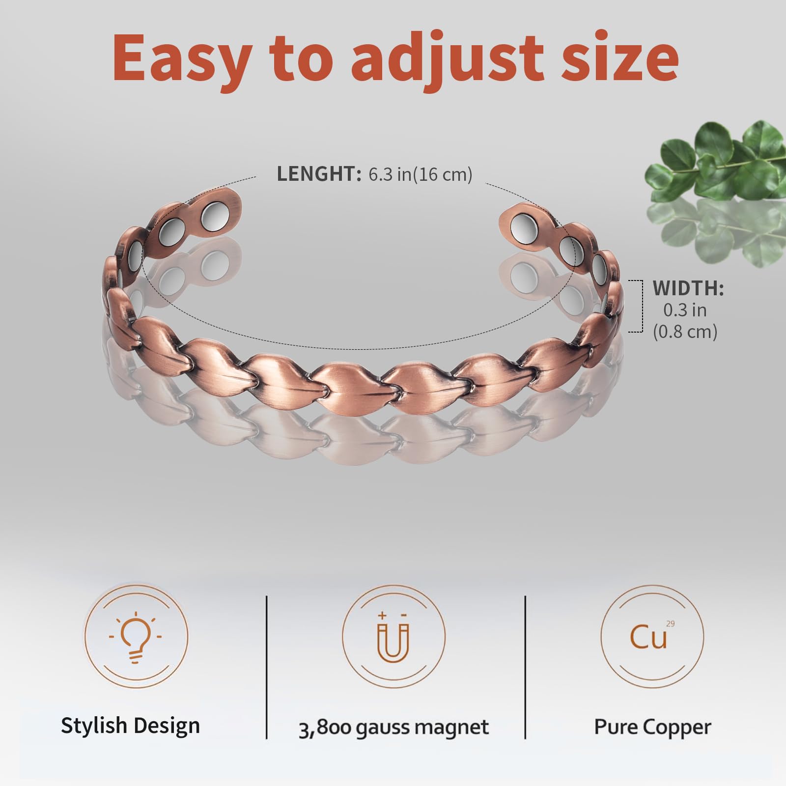 Bracciale in rame puro con 8 magneti da uomo e da donna, bracciale in rame con giunto regolabile, 3500 gauss, magnete efficace da 16,5 cm (C), Rame