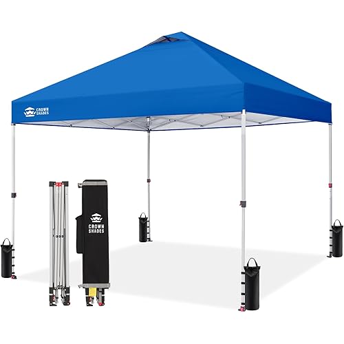 CROWN SHADES 12x12 Pop Up Canopy Outside Canopy, Patented One Push Tent Canopy with Wheeled Carry Bag, Bonus 8 Stakes and 4 Ropes, Blue