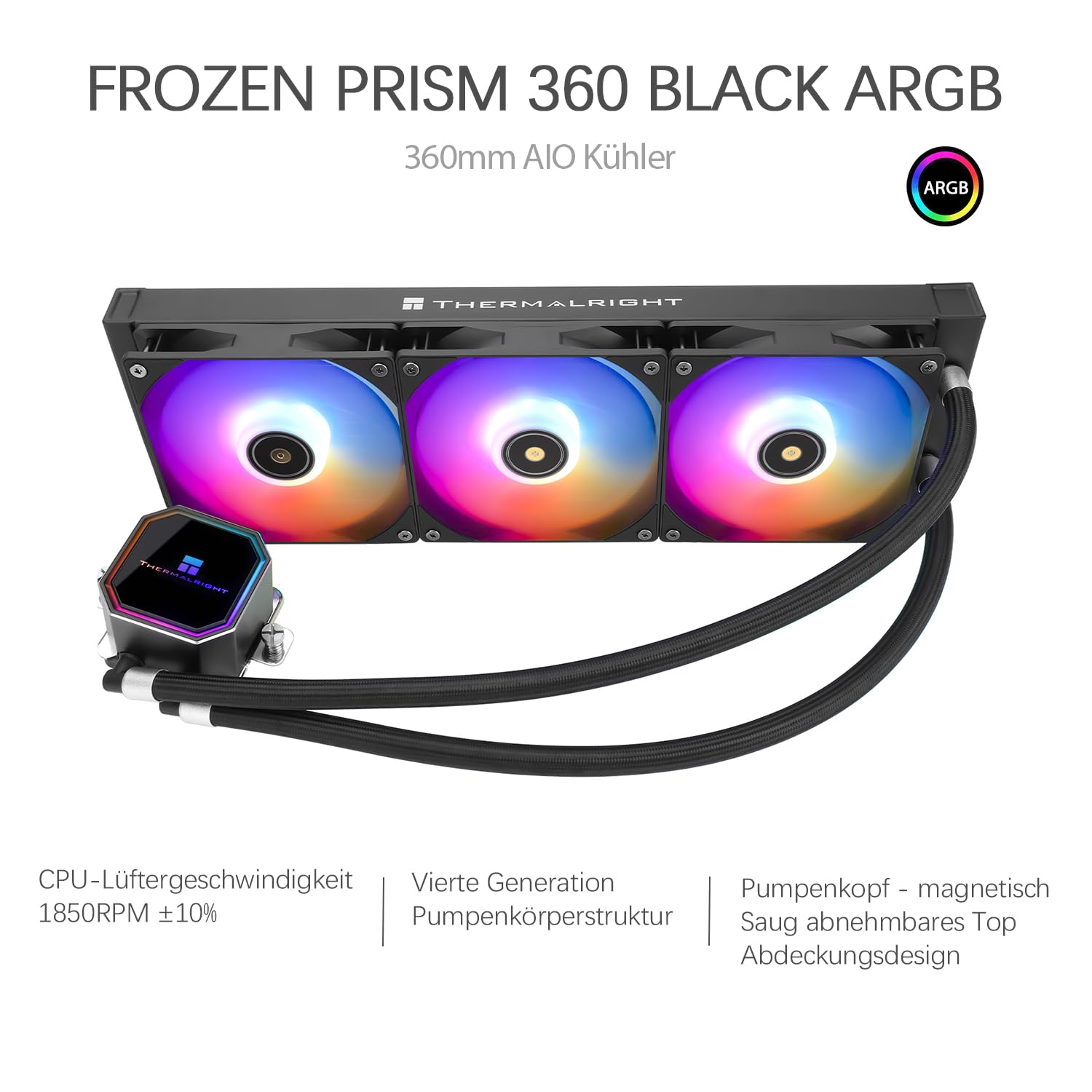 TR-Thermalright Frozen Prism 360 Black ARGB płyn chłodzący CPU, 360 mm Aio chłodnica, 3 x 120 mm wentylator PM 2000 obr./min, do AMD AM4 /AM5, Intel LGA1851/1700/1150/1151/2011