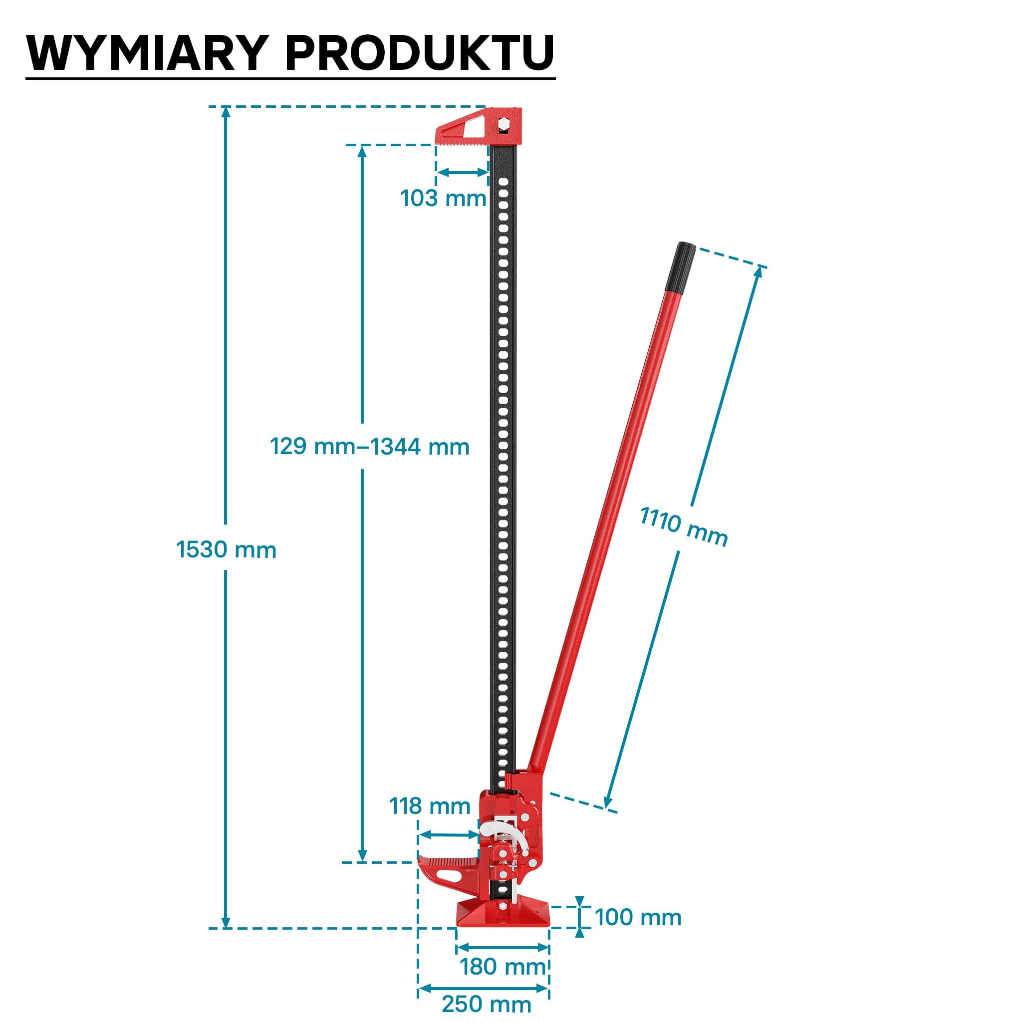 Wiltec Podnośnik farmerski 60" 150 cm do 3000 kg udźwigu i maks. 135 cm wysokości podnoszenia, podnośnik terenowy do samochodów