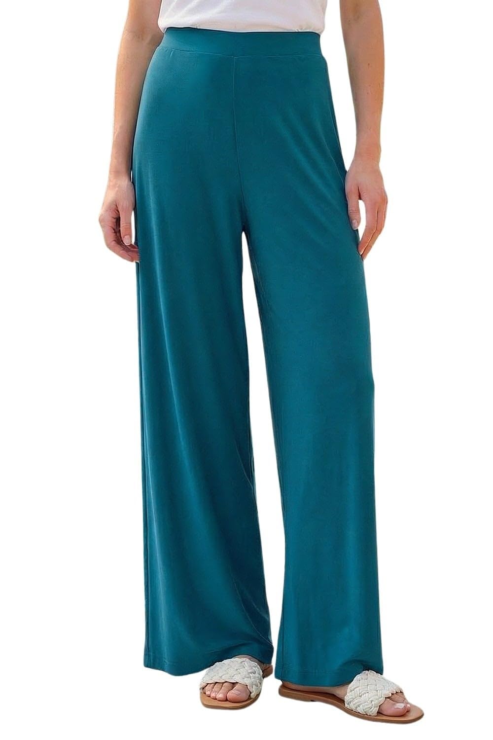Roman Originals Women's Teal Roman Wide Leg Trousers For Uk Palazzo Pants Evening Jersey Elasticated High Waist Smart Flared Culotte Office Work Going Out Loose Crepe Bottoms - Size 12