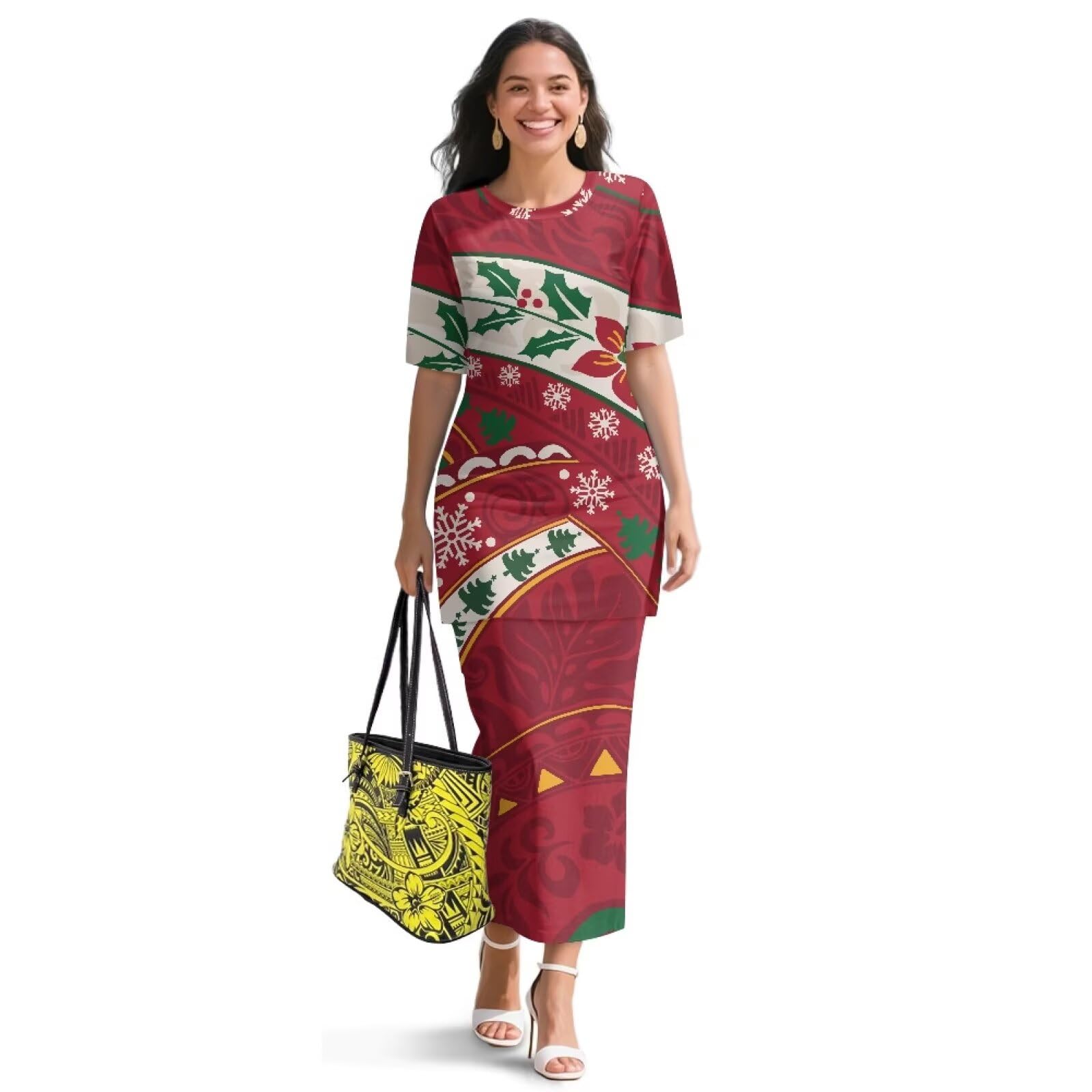 Puletasi Polynesian Tribal Clothing Two Piece Skirt Set for Women Outfits Short Sleeve Top High Waist Midi Skirt