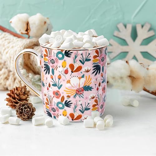 Miniatura 3 de WAVEYU Taza de cerámica para mujer, bonita taza de café y agua para vacaciones, diseño floral con asa para oficina en casa, taza decorativa de té de