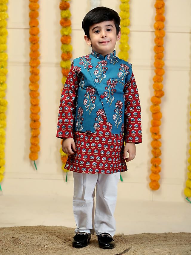 Image of The Mom Store Boys Printed Cotton Kurta Pajama Set With Jacket | Soft And Comfortable Ethnic Wear For Baby /Kids Boys | Full Sleeves Kurta Pyjama Set | Traditional Indian Outfit