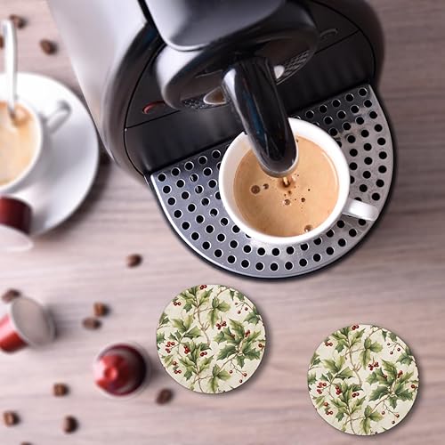 Miniatura 6 de Juego de 2 posavasos de Navidad de invierno para bebidas, posavasos de cerámica con bayas de acebo de Navidad, posavasos redondos con base de corcho