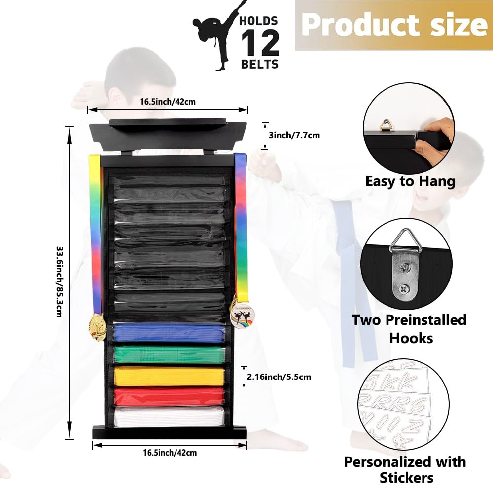 12 Ceintures Karate Belt Display Rack avec Autocollants, Organisateur de Ceintures D'arts Martiaux, Conception Anti-poussière, Support D'affichage pour Ceintures de Taekwondo pour Karaté, BJJ