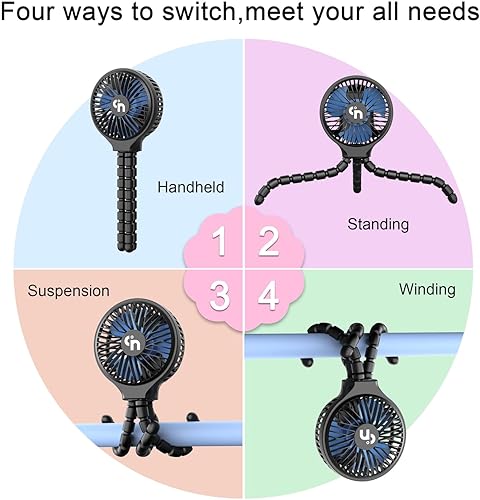 Vista 8 de WiHoo - Ventilador portátil para cochecito de mano, ventilador de bebé portátil con trípode flexible para cochecito/cama de estudiante/bicicleta