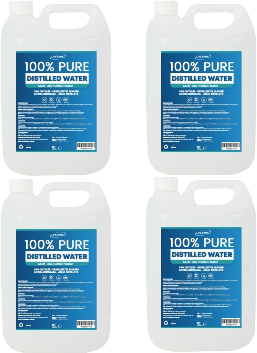 Lucemill Distilled Water | 20 Litre (4x5L) | Distilled Water for CPAP Machines, Irons, Cleaning Machines and More | Made in the UK