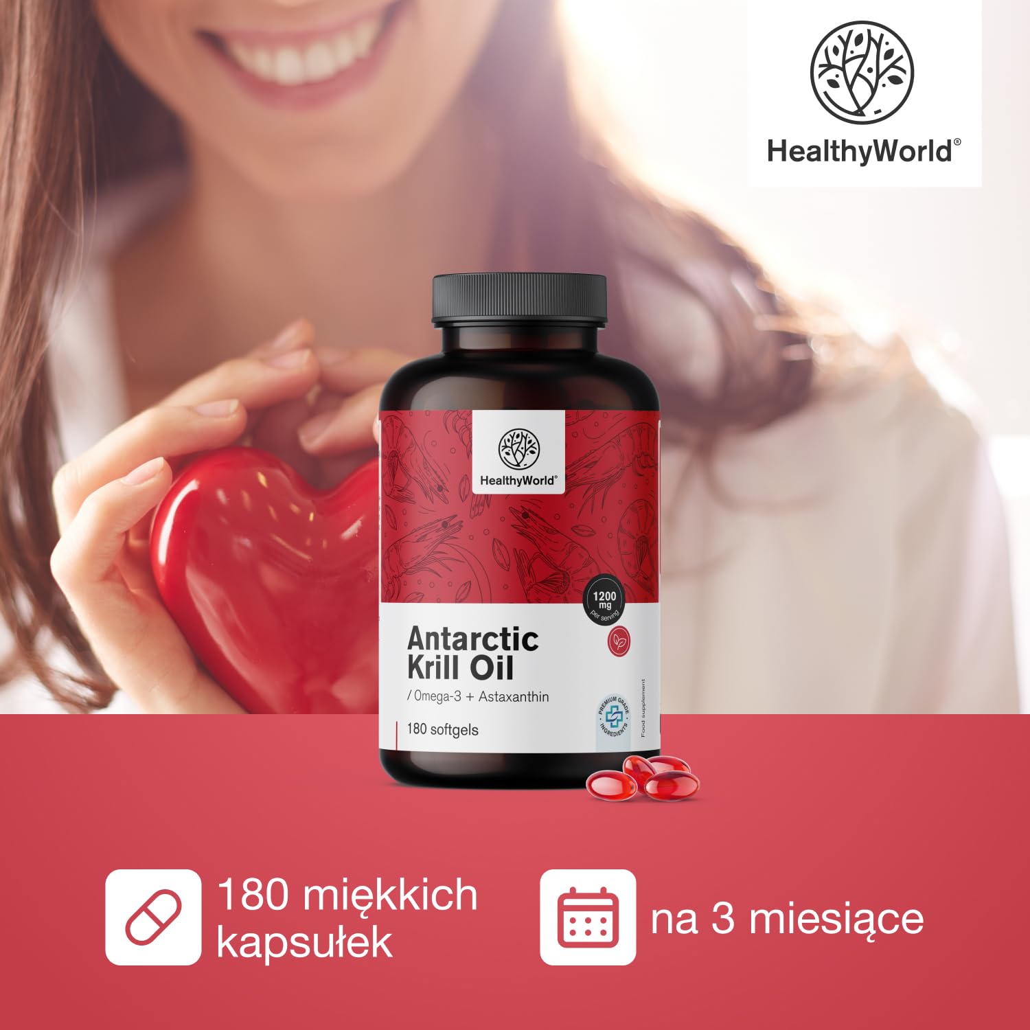 HealthyWorld Olej z kryla 1200 mg - 180 Miękkich Kapsułek - Omega-3 + Astaksantyna - Bez Glutenu, Laktozy i Sztucznych Aromatów - 3-miesięczny Zapas - Funkcjonowanie Serca i Żył
