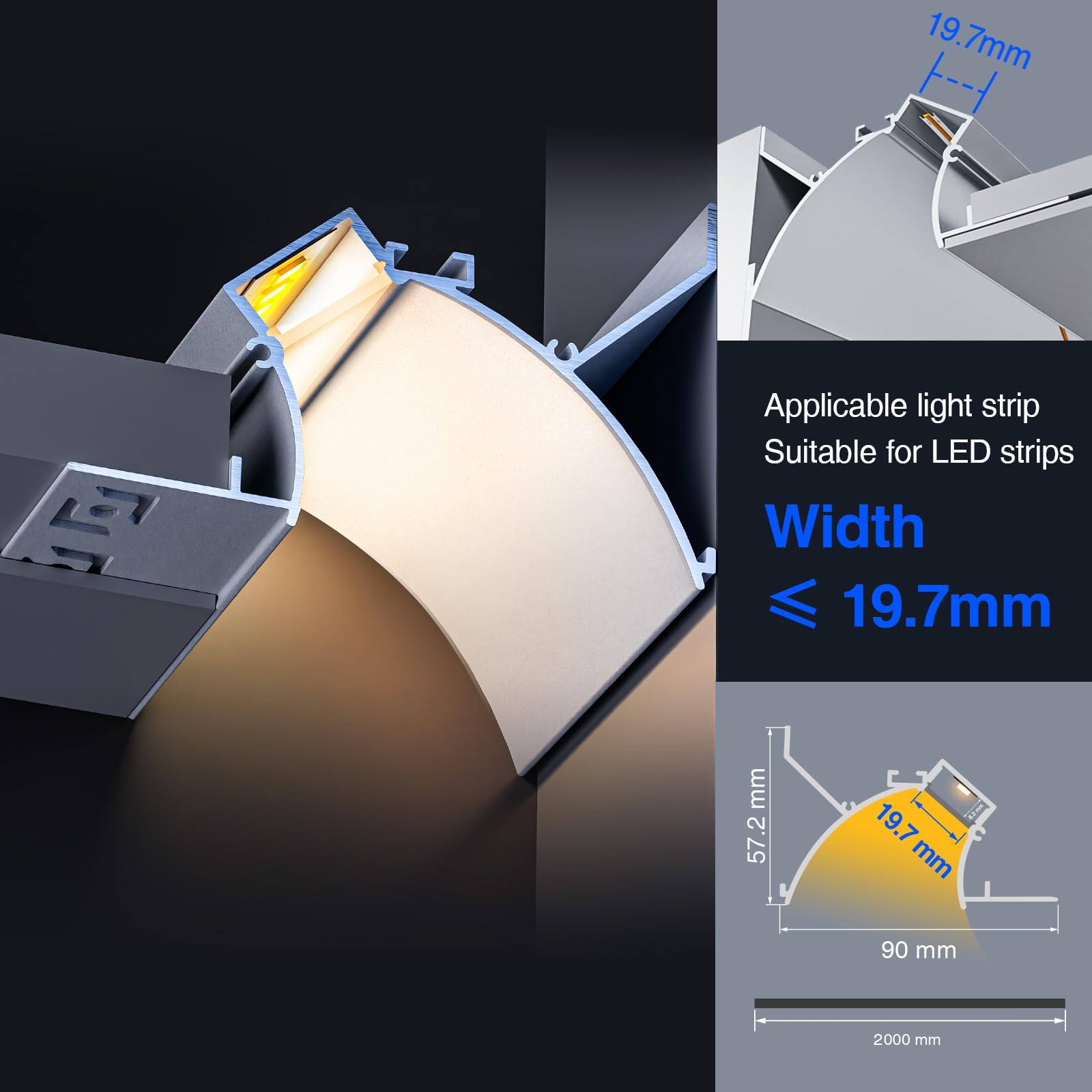 5 x Profilé Aluminium Corniche Led 2m (10m) Profilé Led Encastrable Plafond à éclairage indirect Pour Bande LED jusqu'à 19 mm ou Deux, Moulure Plafond led Canal Led et Diffuseur LED - 2000x19,7x10mm