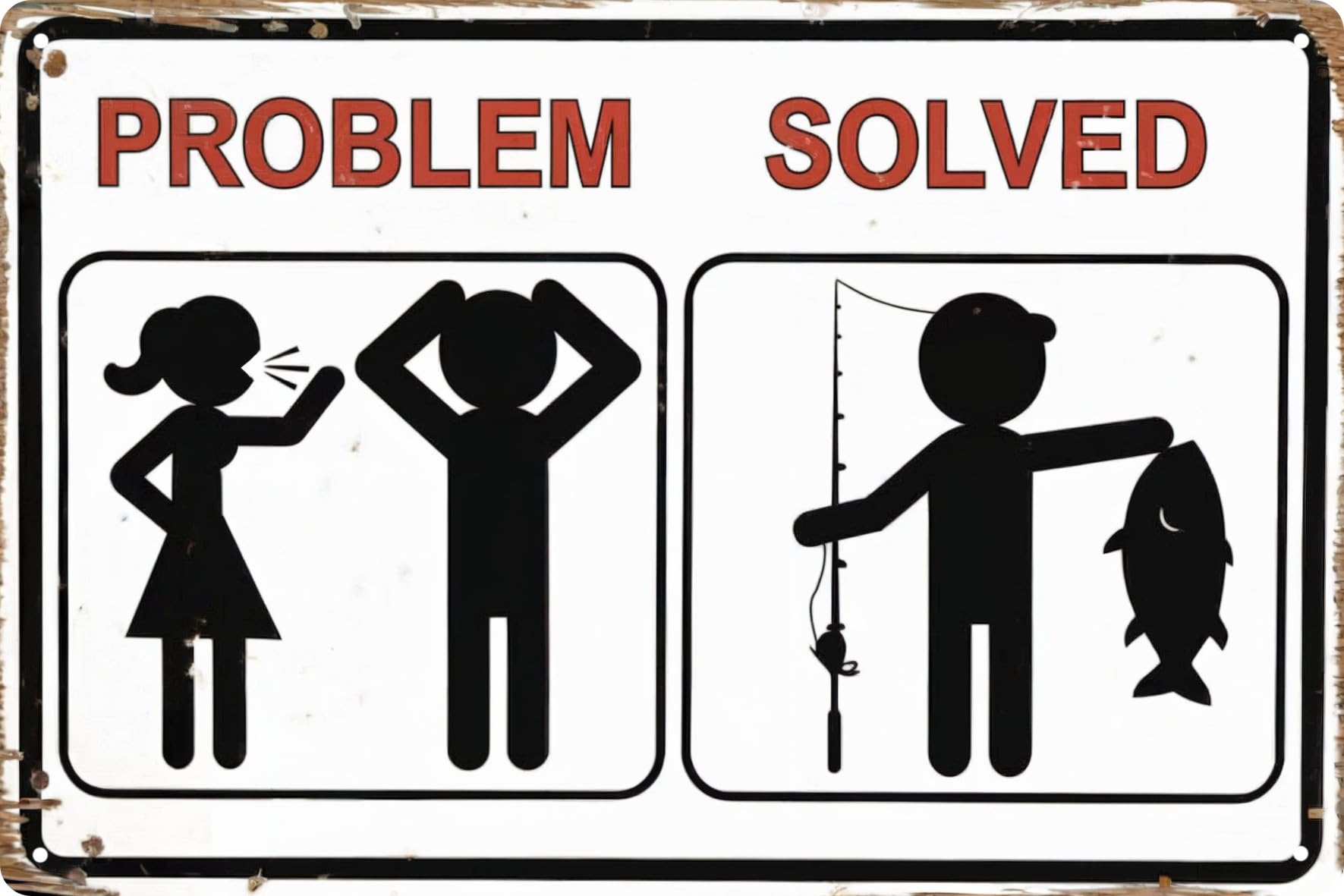 Problem Solved Fishing Retro Metal Tin Sign 8x12 in Wall Art For Indoor Or Outdoor Decor Vintage Man Cave Bar Cabin Garage Or Home Nostalgic Decor