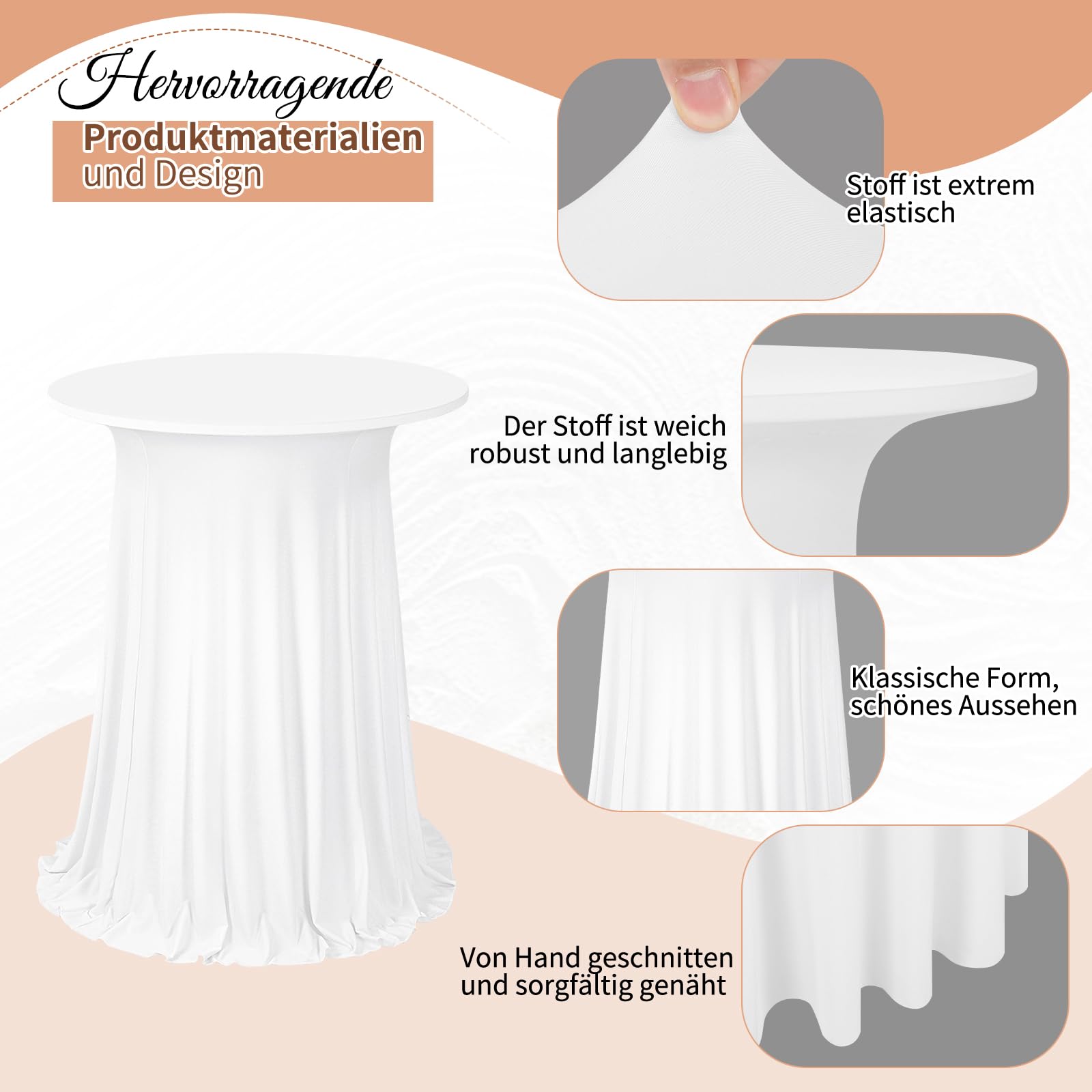 4er-Set Weiß Stehtisch Hussen Stretch mit Rock, 80 x 110 cm,schmutzabweisend, knitterfrei, waschbar, runder Stretch-Cocktail-Tischrock aus Polyester für Hochzeiten, Partys,Restaurants,Bankette