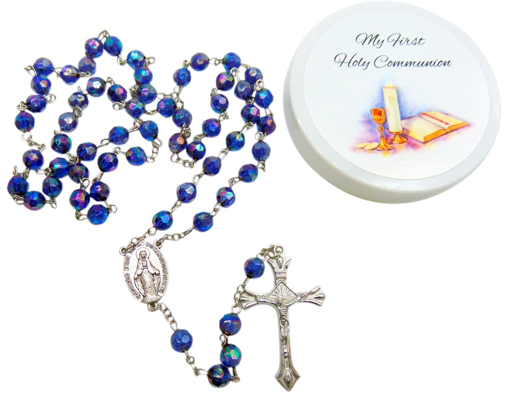 First Communion Rosary Purple Faceted Beads with Metal Chalice Centerpiece and Crucifix Catholic Deluxe Set with Case