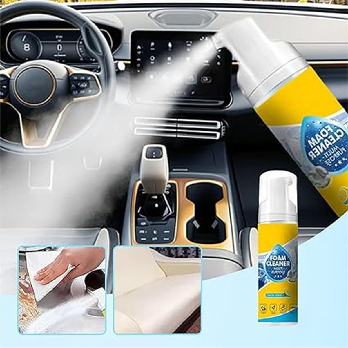 Detergente schiumogeno potente e multiuso per interni auto, detergente multiuso, spray e panno per una pulizia rapida e senza acqua per auto e casa. (1Pezzo)