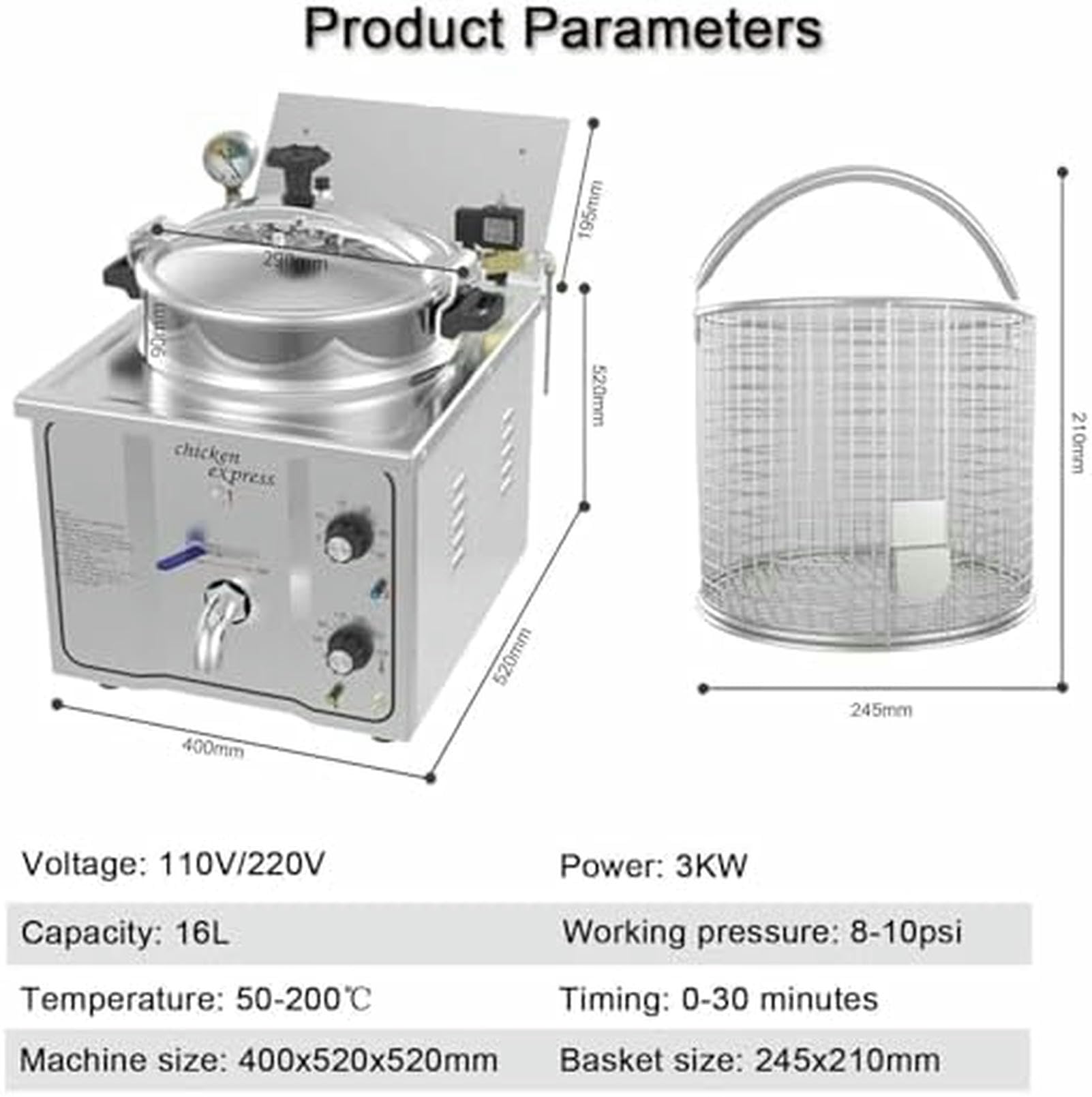 Frytkownica Elektryczna 3 KW 16 L – Blat Ze Stali Nierdzewnej Z Regulacją Temperatury 50–200 ℃ I Timerem 0–30 Minut Do Frytek I Skrzydełek Z Kurczaka