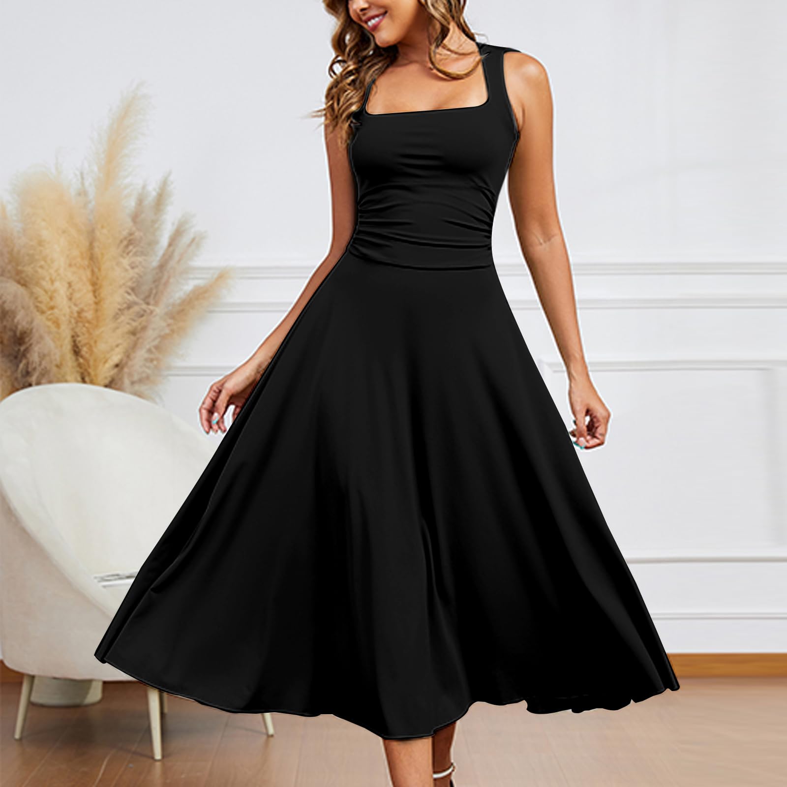 Abito Elegante Cerimonia Lungo Donna Sexy Vestito Senza Maniche Scollo Quadrato Maxi Abiti Aderente da Cocktail Linea A Swing Abito Solido Pieghe in Vita per Festa Discoteca Club Sera