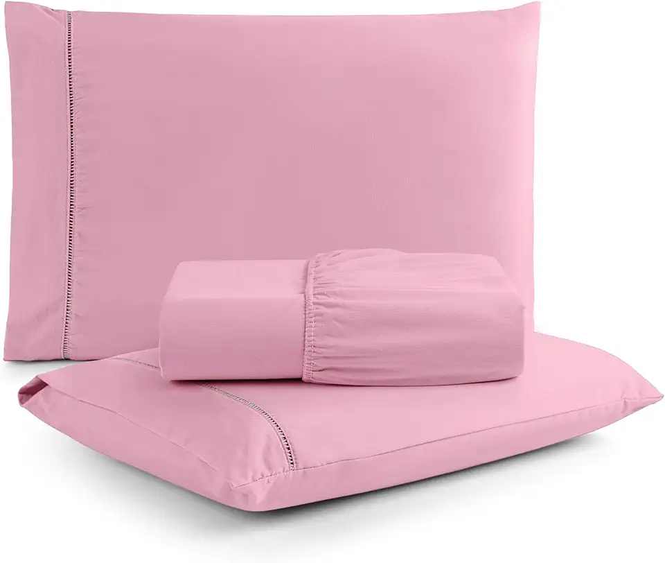 Jogo de Lençol Casal 3 Peças Micropercal 400 Fios com Ponto Palito | Toque Acetinado de Hotel, Não Amassa, Anti Bolinha - Cor Rosé