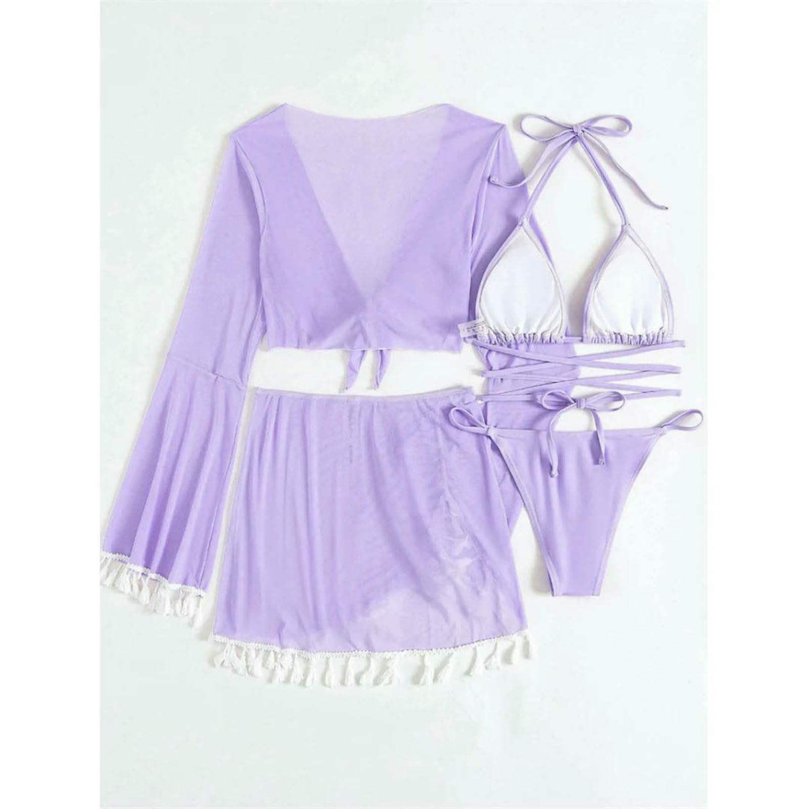 Maillot de Bain Femmes S-XL 4 Pièces Push Up Bikini Set, 2 avec Jupe Tassel & Manches Couvrir, Vacances Plage pour Les Femmes-Purple-m