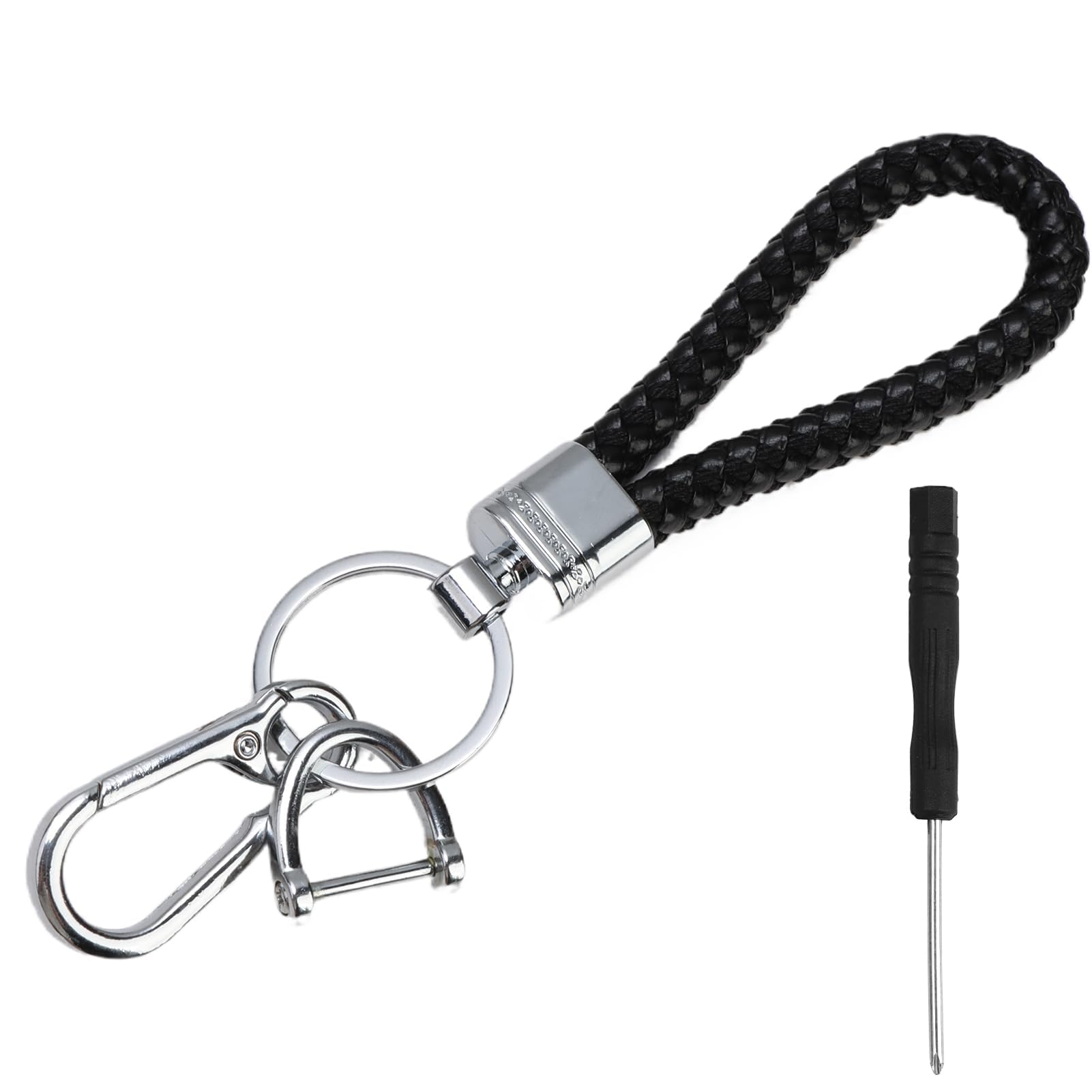 Teuena Llavero Cuero Trenzado, Colgante con Anilla de Acero Inoxidable, Mosquetón y Cierre de Rosca, para Llaves de Coche, Motocicleta y Bicicleta de Hombre y Mujer (Negro)