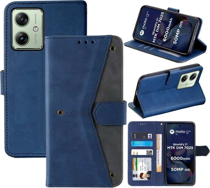 Image of Flip Cover Compatible for Motorola G64 5G | Moto G64 5G | PB2E0003IN | PB2E0005IN | PB2E0006IN | PB2E0007IN Back Cover Soft Silicon TPU Flip Cover Executive Executive Blue, Magnetic Closure