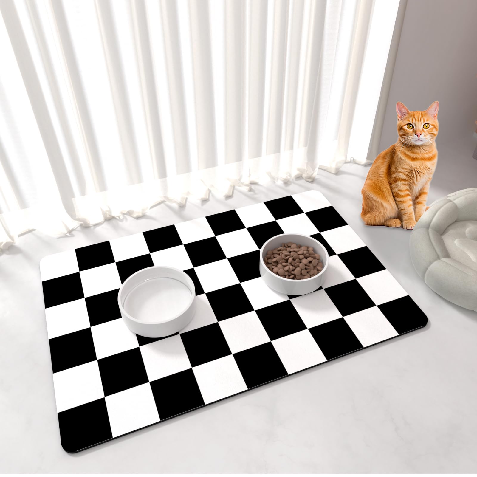 BLESWIN Pet Feeding Mat, 61x40.5CM Absorbent Dog Food Mat, Checkered Cat Bowl Mats, Easy to Clean Pet Placemats, Quick Dry Dog Water Dispenser Mats for Messy Drinkers, Black & White