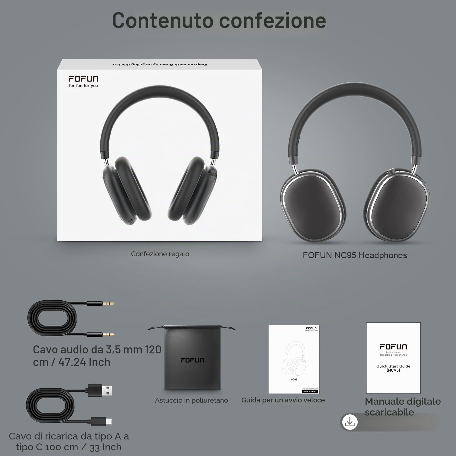 NC95 Cuffie Wireless Over-Ear Bluetooth 6.0, Cancellazione Attiva del Rumore,Controllo a Manopola, 120 Ore di Riproduzione,Controllo Tramite App,Vestibilità Comoda