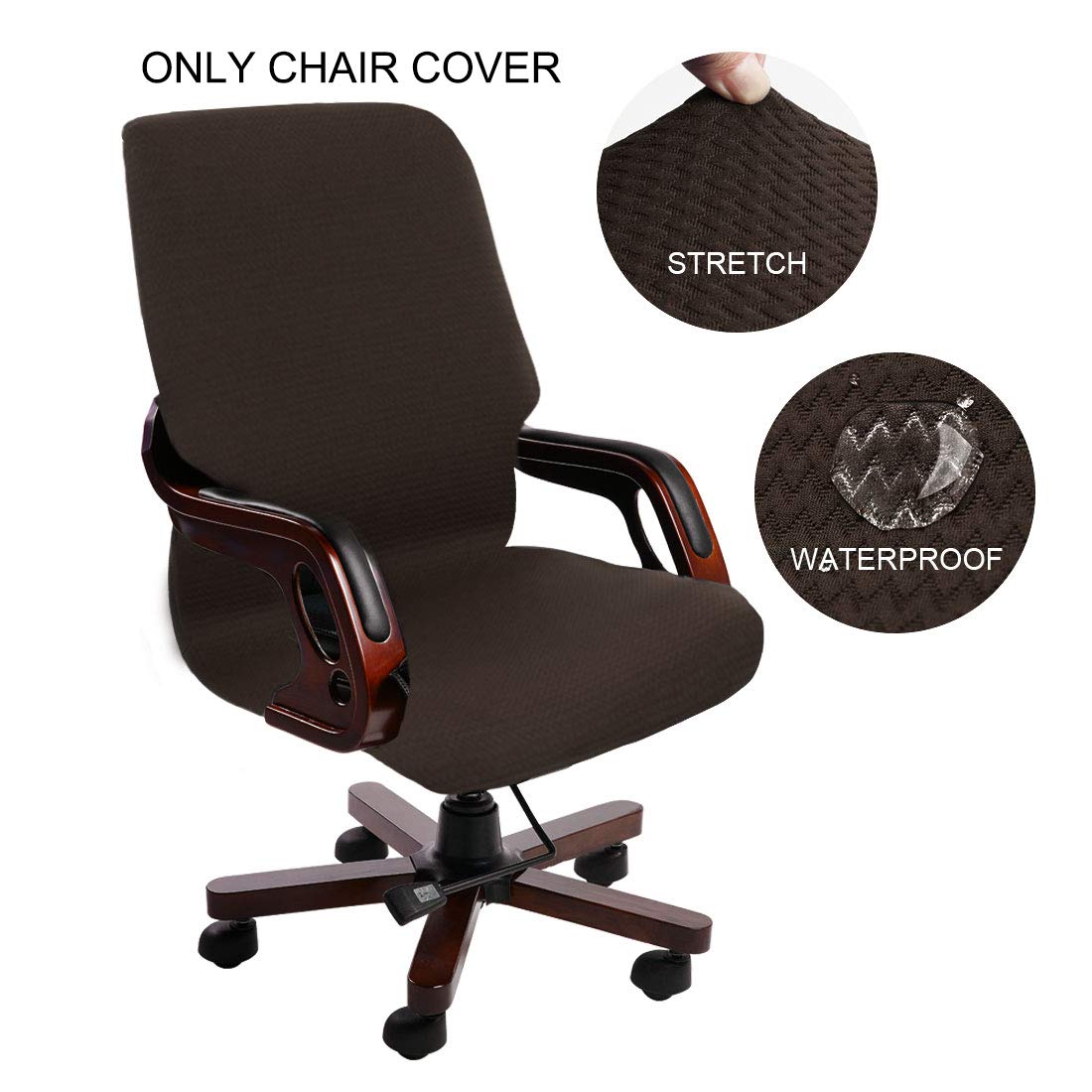 PiccoCasa Durable Stretch Waterproof Office Chair Cover, Wave Jacquard Pattern High Back Computer Chair Slipcover for Universal Swivel Boss Chair with Armrest Large Size Coffee Color