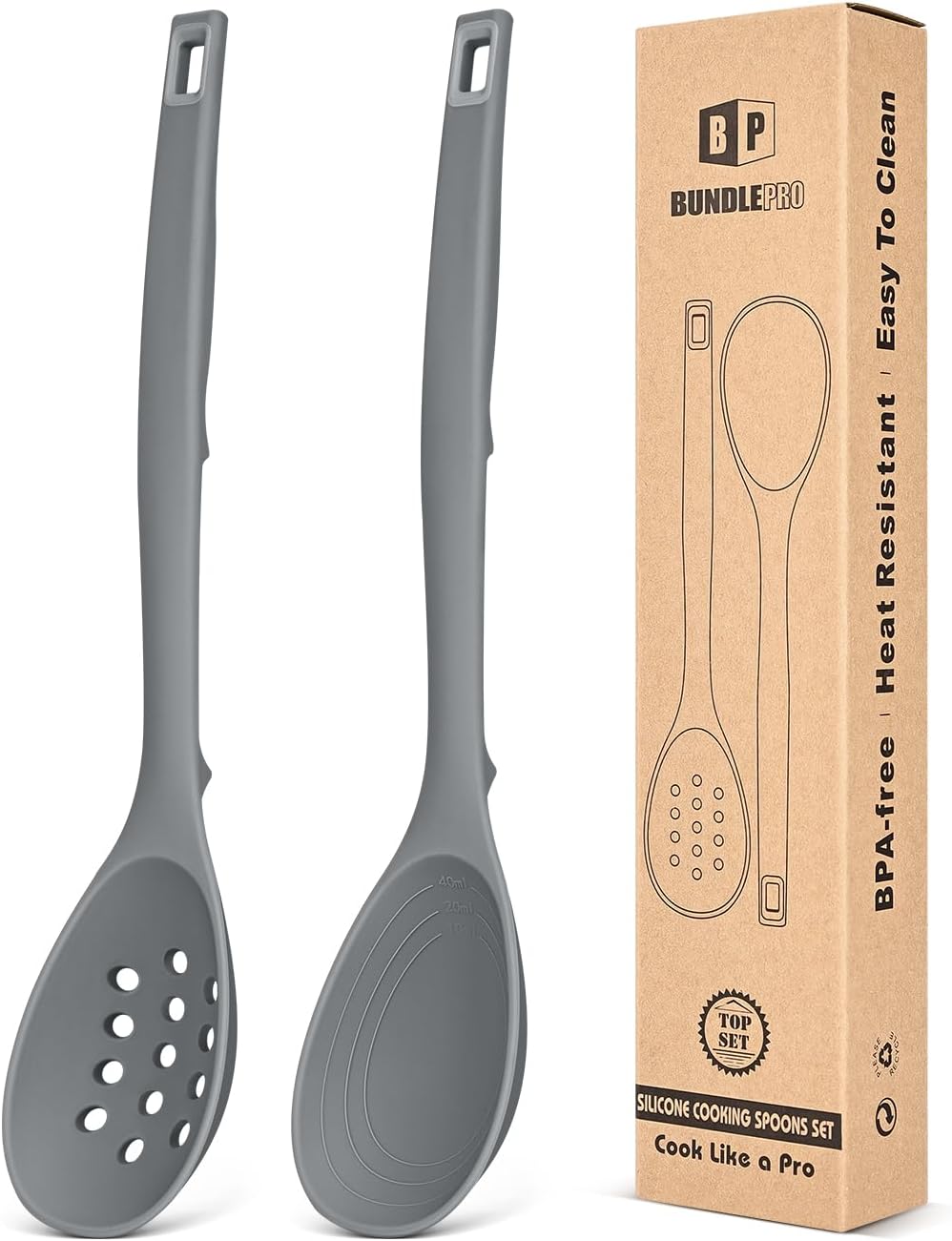 Pack of 2 Silicone Cooking Spoons, Non Stick Solid Kitchen Spoon with Measuring Marks & Back Hooks, Heat Resistant Silicone Slotted Spoon for Cooking, Mixing, Stirring,Serving (GRAY)