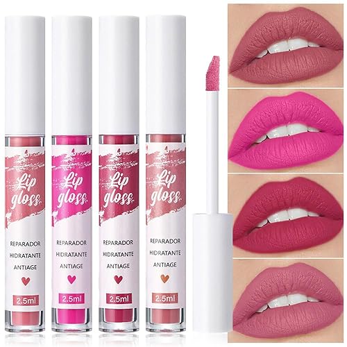 Juego de 4 lápices labiales líquidos de terciopelo mate, color morado y marrón de alto pigmento, de larga duración, 24 horas, antiadherente, no se