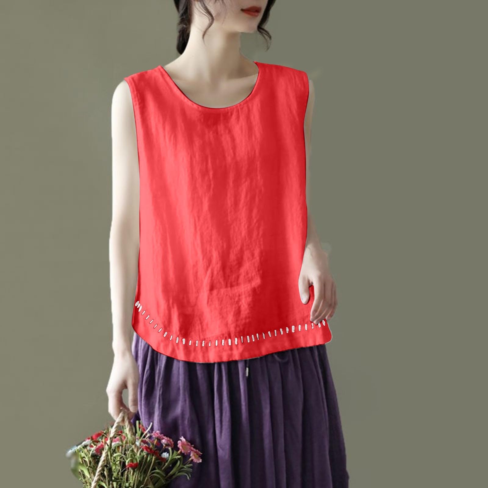 OFFSUM Camisole D'Été Pour Femme - Débardeur Grande Taille En Coton Et Lin Col Rond Style Coréen Broderie Coupe Ample Sans Manches Streetwear Été