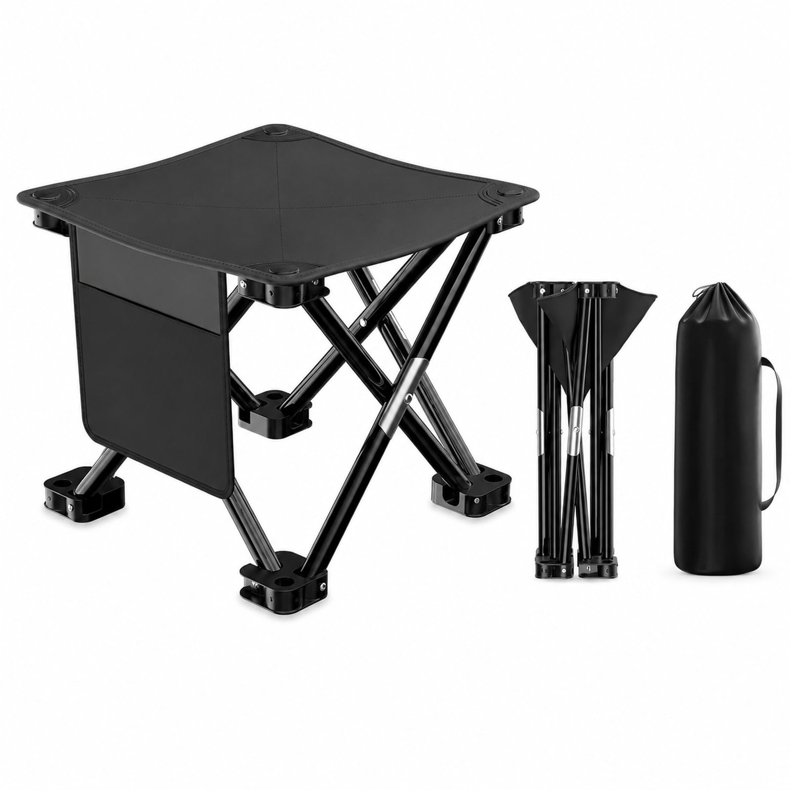GOOGO Camping Stool, 33x33x33cm Folding Stool with Carry Bag and Side Storage Pockets, 600D Oxford Portable Collapsible Stool for Fishing, Hiking, Picnic, Camping, BBQs, Load 180kg (Black)