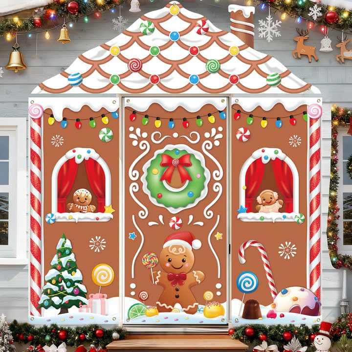 4pcs Gingerbread House Door Cover Decorations Christmas Gingerbread Door Banner Backdrop for Christmas Holiday Party Decor 110.24 * 98.43 in