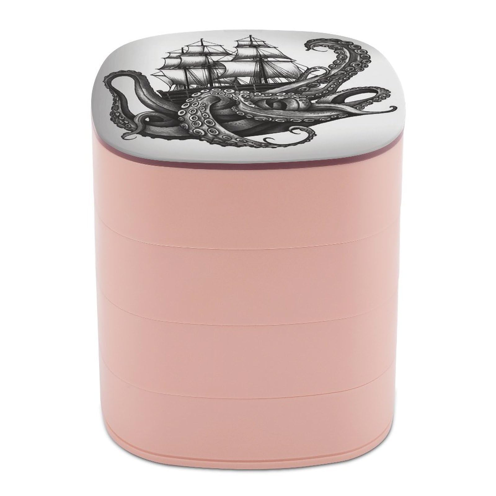 VstaDank Black And White Octopus And Ship Jewelry Organizer Small Travel Earring Storage Box with Mirror 4-Layer Rotating Travel Jewelry Tray Case with Lid Large Capacity Jewellery Holder Case