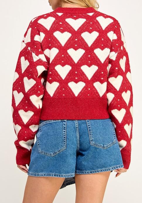 Image of Women Heart Print Sweaters Long Sleeve Crewneck Oversized Pullover Sweater Cute Love Pattern Knitted Jumper Tops