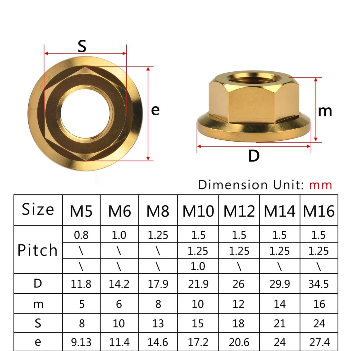 4PCS Titanio M5 M6 M8 M10 M12 M14 M16 Flangia standard per dadi esagonali in lega metrica per freno bici-M10 1.5mm,Gold