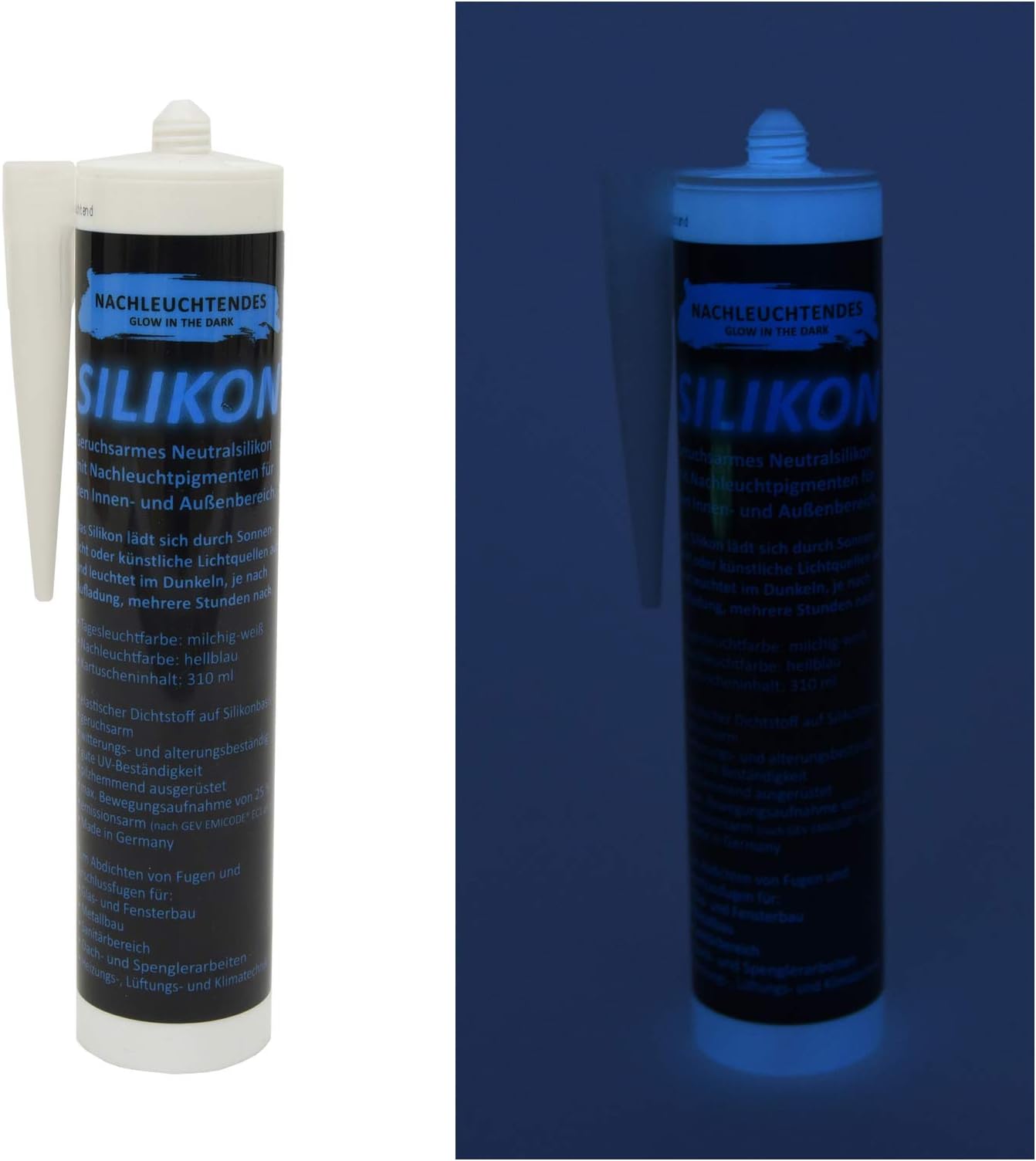 lumentics Luminous Silicone - Glow in The Dark Quality Silicone, Afterglow Silicon for Tilers (Blue, 310 ml, Made in Germany)