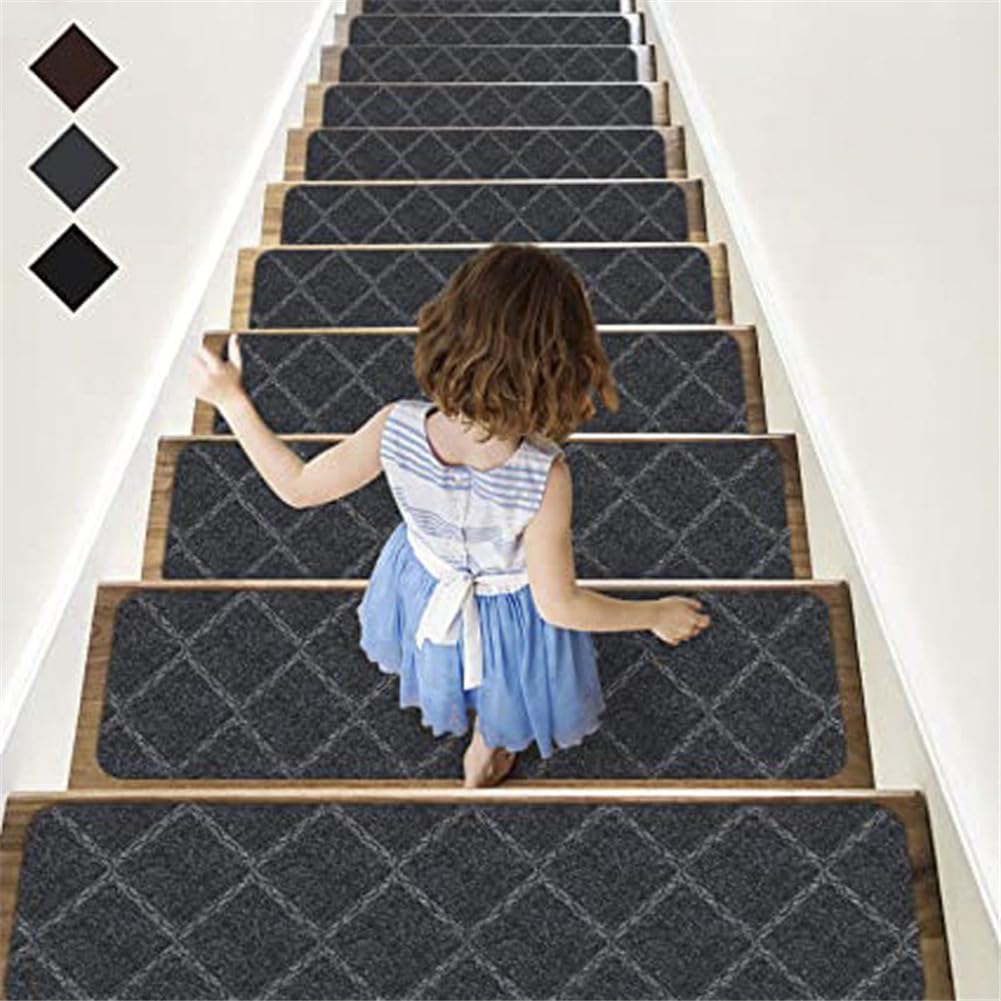 TYYCKJ Carpet Stair Treads Self Adhesive, 20x76cm Non-Slip Carpet Stair Runner Carpet Stairs Mats Removable Reused for Kids Elders and Pets (15pcs,rhombic gray)
