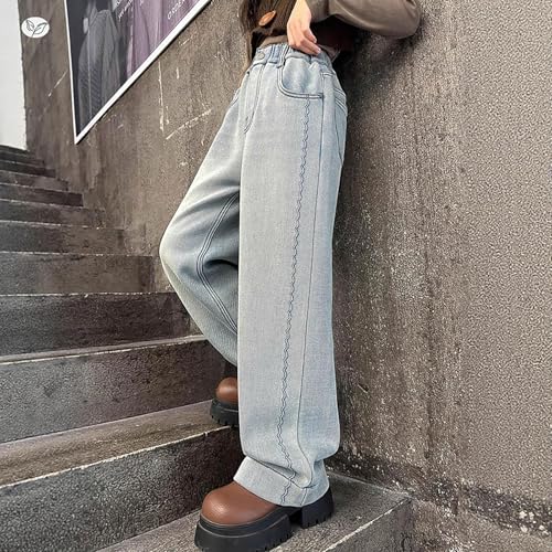 Baggy Jeans for Girls Straight Leg High Elastic Waist Slim Denim Pants Y2K Boyfriend Skater Wavy Edge Clothes4