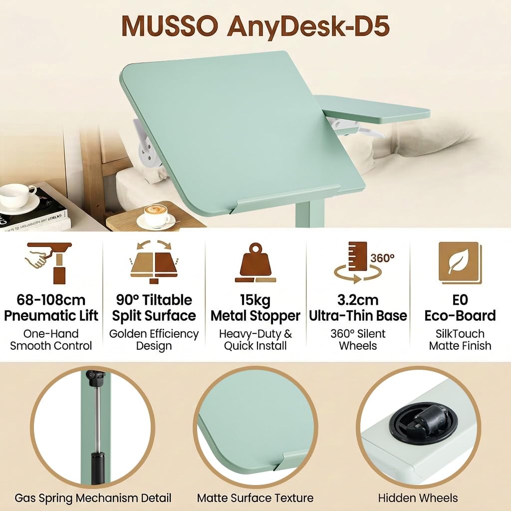 MUSSO AnyDesk-D5 - Escritorio portátil de pie con asiento de pie, altura regulable de 68 a 108 cm, mesa para ordenador portátil con muelle de gas, superficie de trabajo inclinable 90° (verde, 1 unidad